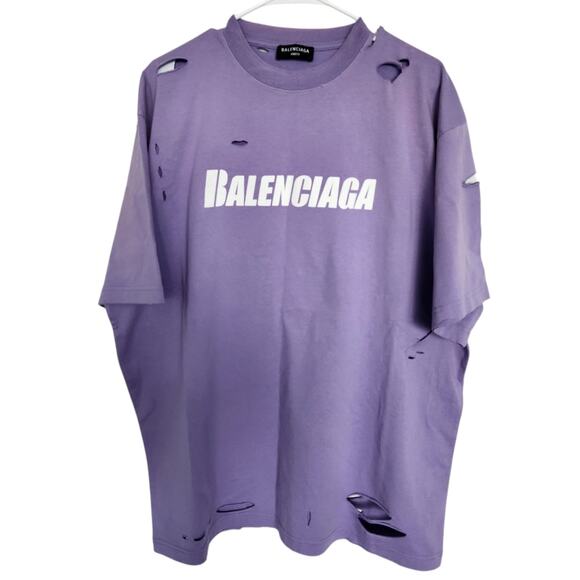 Authentic BALENCIAGA Distressed Damaged Logo Oversized T Shirt  XS Faded Purple - Picture 1 of 10